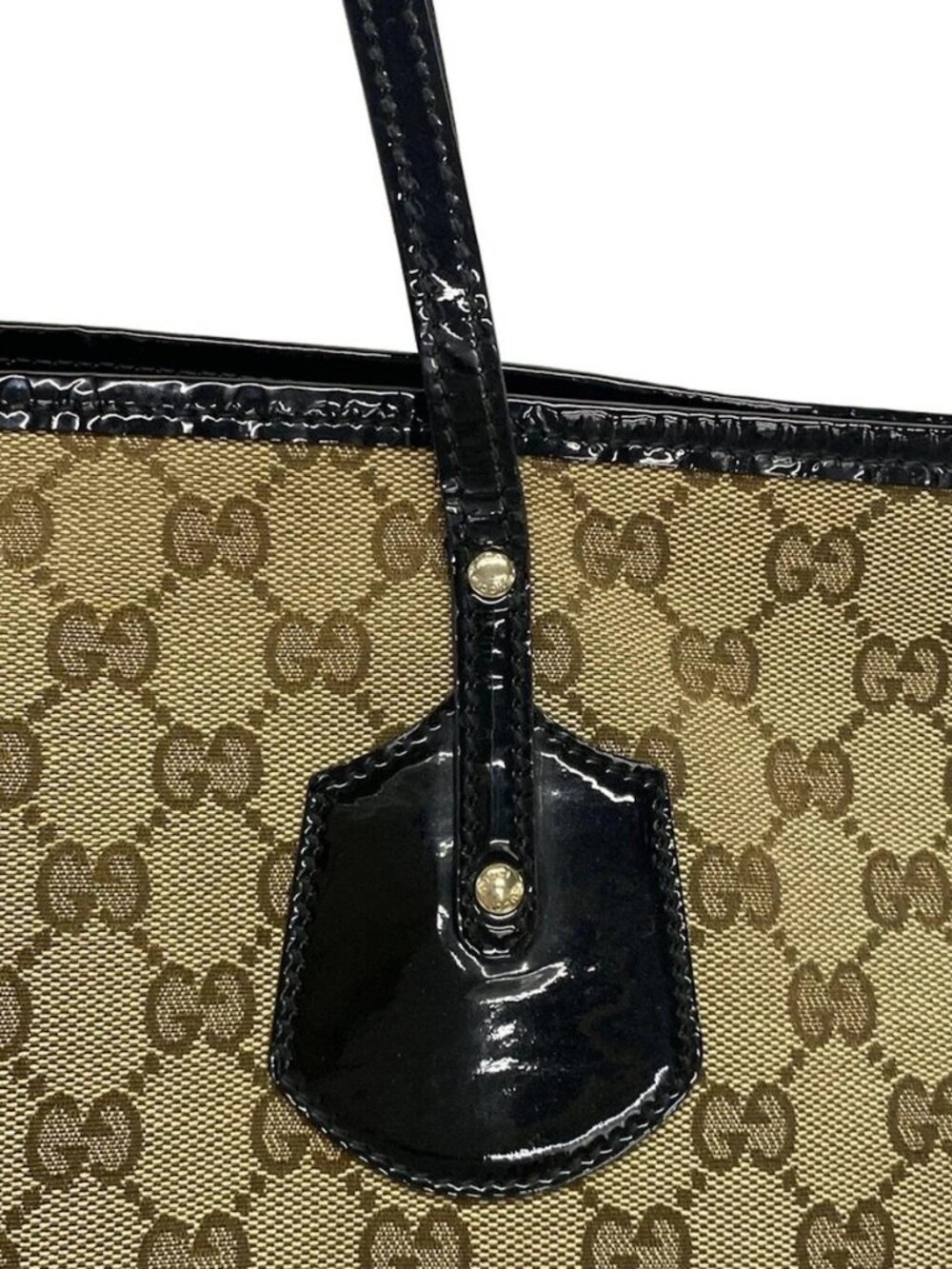 GUCCI GG 211976 Dark Brown Beige Black Jacquard Patent Leather Tote Bag - Picture 12 of 15